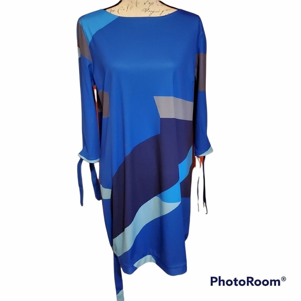 Women's Size Large Blue Gray Colorblock Slit Sleeve Dress
